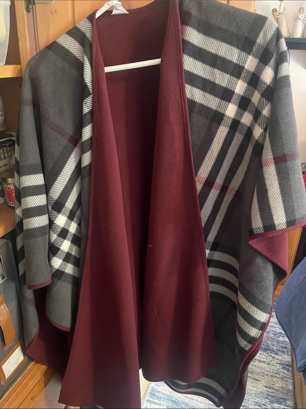 Woolrich Reversible Plaid Cape in Gray & Burgundy